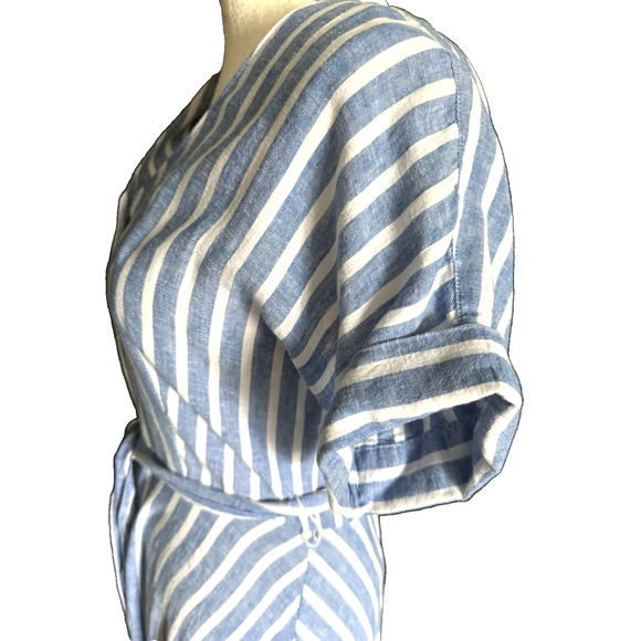 Chaps Blue & White Stripped Midi Shirt Dress Linen Blend Belted Full Circle L - Picture 8 of 11